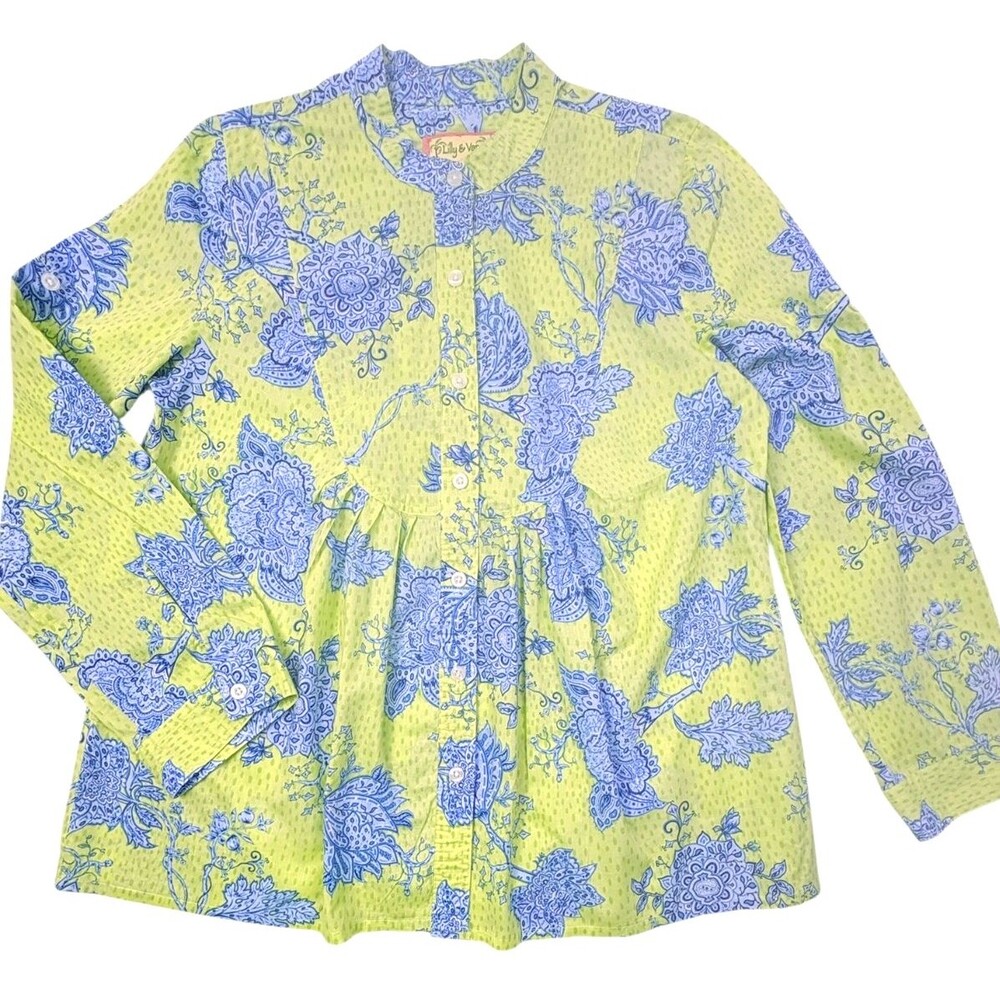 Lilly & Van Floral Paisley Blouse M Green Blue Cotton Empire Waist Resort Top